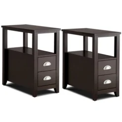 Tangkula 2-Piece Retro Side End Table Rectangular Nightstand With 2 Drawers & Shelf Coffee/Brown -Tangkula GUEST b6f8421f fa4d 4d23 a660 f04706d6f63e