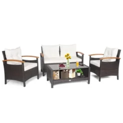 Tangkula Patio Rattan 4PCS Cushioned Chair Side Table Set Bistro Set Classic Furniture Single Sofa Thick Cushion Loveseat For Garden Off White/Navy -Tangkula GUEST ba6df271 a52a 4953 b818 e2c4849b7680