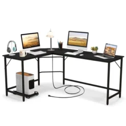 Tangkula L-Shaped Desk With Power Outlet 66” Computer Corner Desk With CPU Stand & Heavy-duty Metal Frame Rustic Brown/Black -Tangkula GUEST bbc97cf7 ebe1 4efe bfe1 4070e04ee2e0