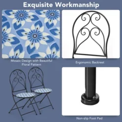 Tangkula 2PCS Outdoor Mosaic Folding Bistro Chairs Patio Chairs With Ceramic Tiles Seat And Exquisite Floral Pattern Blue Seat -Tangkula GUEST bcb73ec2 2b83 4269 81c1 e31e1559bea6