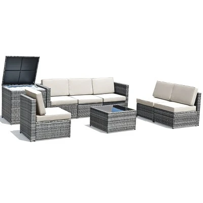 Tangkula 8-Piece Outdoor Wicker Rattan Conversation Sofa Set W/ Storage Table White/Black/Turquoise 7 Tangkula 8-Piece Outdoor Wicker Rattan Conversation Sofa Set W/ Storage Table White/Black/Turquoise - Image 5