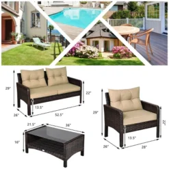 Tangkula 4 Pieces Patio Conversation Set Rattan Wicker Loveseat Sofa Coffee Table & Glass Top -Tangkula GUEST be83f15d 8582 48db aa07 3ff7cfdfb9bb