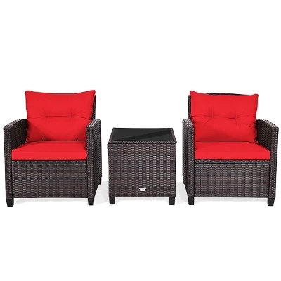 Tangkula 3PCS Wicker Cushioned Conversation Set Outdoor Rattan Furniture W/Beige/Red/Black/Navy/Off White/Turquoise Cushions 10 Tangkula 3PCS Wicker Cushioned Conversation Set Outdoor Rattan Furniture W/Beige/Red/Black/Navy/Off White/Turquoise Cushions - Image 8