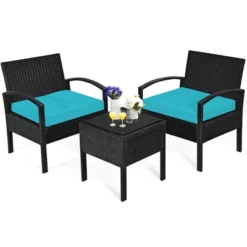 Tangkula 3 Pieces Patio Set Outdoor Wicker Rattan Furniture W/ Cushions Turquoise -Tangkula GUEST c37817bb d555 47f8 ab1f f616989af2da