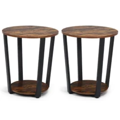 Tangkula 2 PCS 2-Tier Industrial Round End Table Metal Sofa Side Table With Storage Shelf -Tangkula GUEST c8823737 dc72 456c 875b e743898413a2