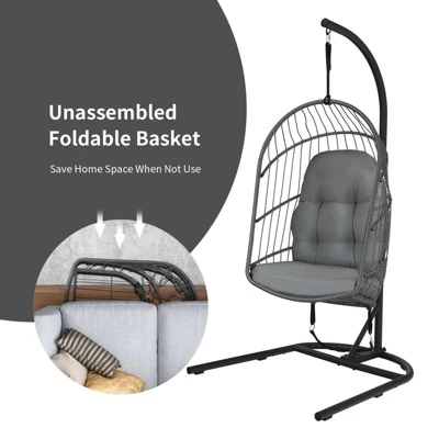 Tangkula Modern Rattan Hanging Egg Swing Chair W/Stand Foldable Cushioned Hammock Gray/Beige 5 Tangkula Modern Rattan Hanging Egg Swing Chair W/Stand Foldable Cushioned Hammock Gray/Beige - Image 3