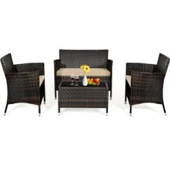 Tangkula 4-Piece Patio Rattan Wicker Conversation Furniture Set Sofa Chair Table Set -Tangkula GUEST c9513d15 09b9 4b34 aaec 20e5e4aecf91