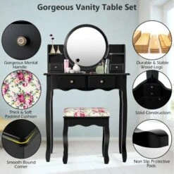 Tangkula Vanity Table Set W/Detachable Mirror & Stool Black/White -Tangkula GUEST ca259dfa 710c 4d46 bcea 45d6b93d2e4e