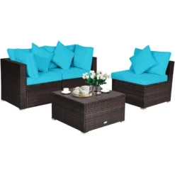 Tangkula 4-Piece Outdoor Rattan Sofa Set Sectional Conversation Couch Ottoman Turquoise/Red -Tangkula GUEST ca4100b0 a8c0 44bc 9122 b6e17a1c66b5