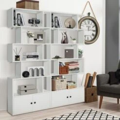 Tangkula 2PCS 6-tier Geometric Bookcase S-shaped Z-shelf Bookshelf Cabinet W/ Doors White