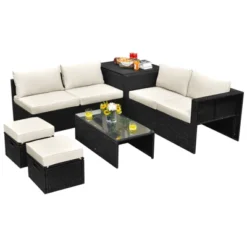 Tangkula 8PCS Patio Conversation Set Sectional Sofa Set, All-Weather PE Rattan, Tempered Glass Table & Washable Cushion Covers -Tangkula GUEST cce8beb9 8871 412f be23 f0f0df2111b4