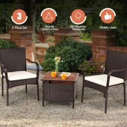 Tangkula 3 PCS Patio Furniture Set PE Wicker Bistro Set W/Acacia Wood Coffee Table & Umbrella Hole For Backyard Garden Poolside -Tangkula GUEST cdb5955e 68cb 47c7 9f8b bfdc3bd0fc05