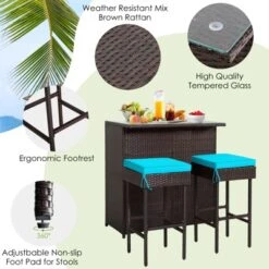 Tangkula 3PCS Patio Wicker Rattan Bar Set Table W/2 Turquoise Cushioned Stools -Tangkula GUEST cdd32d67 2a4c 4828 8ba3 8179cef199b0