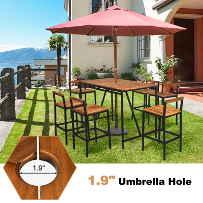 Tangkula 7PCS Patio Rattan Bar Set With Umbrella Hole Wood High-Dining Bistro Set With 6 Bar Stools For Poolside&Garden 6 Tangkula 7PCS Patio Rattan Bar Set With Umbrella Hole Wood High-Dining Bistro Set With 6 Bar Stools For Poolside&Garden - Image 4