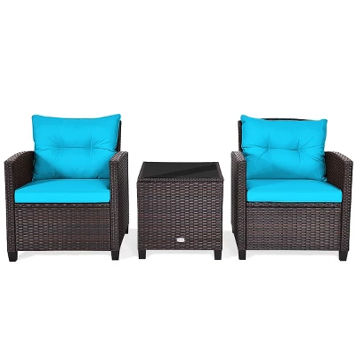 Tangkula 3PCS Wicker Cushioned Conversation Set Outdoor Rattan Furniture W/Beige/Red/Black/Navy/Off White/Turquoise Cushions 11 Tangkula 3PCS Wicker Cushioned Conversation Set Outdoor Rattan Furniture W/Beige/Red/Black/Navy/Off White/Turquoise Cushions - Image 9
