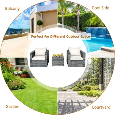 Tangkula 3-Piece Patio Wicker Conversation Set Bistro Rattan Sofa Chair With Washable Cushion 7 Tangkula 3-Piece Patio Wicker Conversation Set Bistro Rattan Sofa Chair With Washable Cushion - Image 5