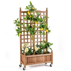 Tangkula 2PC 50in Wood Planter Box With Trellis And Wheels Mobile Plant Raised Bed For Indoor&Outdoor
