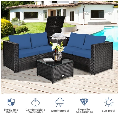 Tangkula Outdoor Rattan Sectional Loveseat Couch Conversation Sofa Set With Storage Box &Coffee Table Red/Navy/Turquoise 4 Tangkula Outdoor Rattan Sectional Loveseat Couch Conversation Sofa Set With Storage Box &Coffee Table Red/Navy/Turquoise - Image 2