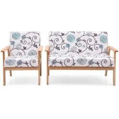Tangkula 2 Piece Loveseat And Single Sofa Set Fabric Upholstered Couch & Accent Armchair White+Blue/Blue/Yellow Floral -Tangkula GUEST d2928bae 01ce 4c20 b45f 1a31a0ec239b