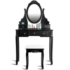 Tangkula Oval Vanity Mirror Dressing Table Beauty Dresser Cosmetics Organizer W/ Cushioned Bench -Tangkula GUEST d2f6d6c2 f820 4238 85e0 f5804292a686