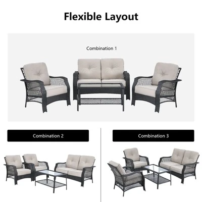 Tangkula 4PCS Patio Rattan Furniture Set Outdoor Conversation Set W/Tempered Glass Coffee Table Beige 7 Tangkula 4PCS Patio Rattan Furniture Set Outdoor Conversation Set W/Tempered Glass Coffee Table Beige - Image 5