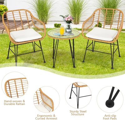 Tangkula 3 Pieces Patio Furniture Set W/Tempered Glass Coffee Table Set For Garden And Backyard White/Red/Turquoise/Grey/Black Cushions 5 Tangkula 3 Pieces Patio Furniture Set W/Tempered Glass Coffee Table Set For Garden And Backyard White/Red/Turquoise/Grey/Black Cushions - Image 3
