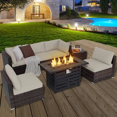 Tangkula 7PCS Patio Rattan Furniture Set 42" Fire Pit Table W/ Cover Cushioned 4 Tangkula 7PCS Patio Rattan Furniture Set 42" Fire Pit Table W/ Cover Cushioned - Image 2
