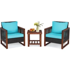 Tangkula 3PCS Patio Rattan Bistro Set Acacia Wood Frame Cushioned Sofa And Side Table -Tangkula GUEST d643050d ebdc 48d1 a22e b090002e5abb