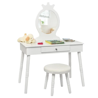 Tangkula Kids Princess Vanity Table Set W/ Chair Crown Mirror White 8 Tangkula Kids Princess Vanity Table Set W/ Chair Crown Mirror White - Image 6