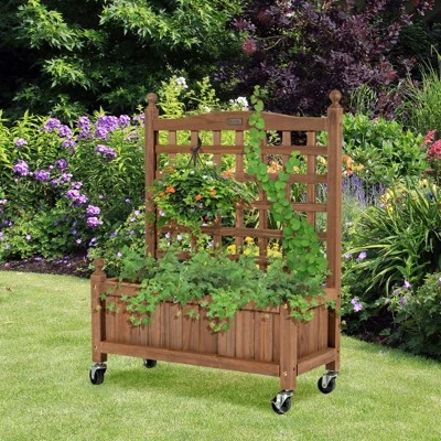 Tangkula 32in Wood Planter Box With Trellis And Wheels Mobile Plant Raised Bed For Indoor&Outdoor 3 Tangkula 32in Wood Planter Box With Trellis And Wheels Mobile Plant Raised Bed For Indoor&Outdoor