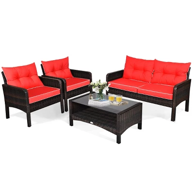 Tangkula 4 Piece Patio Conversation Set Rattan Wicker Loveseat Sofa Coffee Table & Glass Top Red/Turquoise Cushions 9 Tangkula 4 Piece Patio Conversation Set Rattan Wicker Loveseat Sofa Coffee Table & Glass Top Red/Turquoise Cushions - Image 7