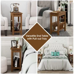 Tangkula End Table Pull-out Tray Shelf Accent Side Nightstand Rubber Wood Leg Rustic Oak -Tangkula GUEST db4a54b4 5318 454d 9d4d 968272b1329f