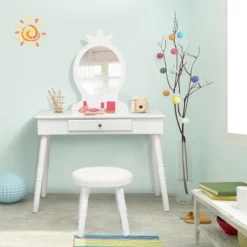 Tangkula Kids Princess Vanity Table Set W/ Chair Crown Mirror White 10 Tangkula Kids Princess Vanity Table Set W/ Chair Crown Mirror White -Tangkula GUEST dbd20fcc c952 45c3 9907 a6b3df5f6428