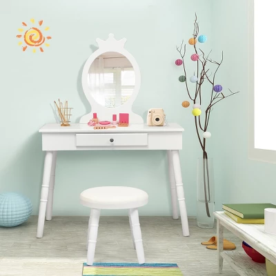 Tangkula Kids Princess Vanity Table Set W/ Chair Crown Mirror White 4 Tangkula Kids Princess Vanity Table Set W/ Chair Crown Mirror White - Image 2