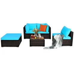 Tangkula 5-Piece Outdoor Patio Sectional Rattan Wicker Conversation Sofa Set With Turquoise/Yellowish Cushions -Tangkula GUEST de737833 594e 40f0 9063 943f4d695295