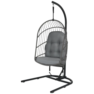 Tangkula Modern Rattan Hanging Egg Swing Chair W/Stand Foldable Cushioned Hammock Gray/Beige 10 Tangkula Modern Rattan Hanging Egg Swing Chair W/Stand Foldable Cushioned Hammock Gray/Beige - Image 8