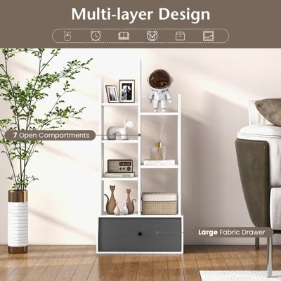 Tangkula Tree Shaped Bookcase With Drawer Free Standing Bookshelf With 7 Open Storage Shelves Tall Display Rack With Bookshelves White 6 Tangkula Tree Shaped Bookcase With Drawer Free Standing Bookshelf With 7 Open Storage Shelves Tall Display Rack With Bookshelves White - Image 4