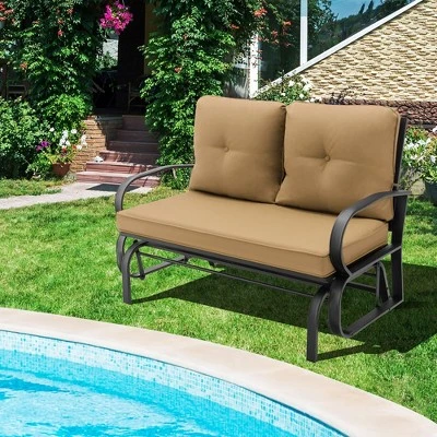 Tangkula 2-Person Outdoor Patio Glider Bench Swing Seat Bench W/ Seat & Back Cushions 3 Tangkula 2-Person Outdoor Patio Glider Bench Swing Seat Bench W/ Seat & Back Cushions