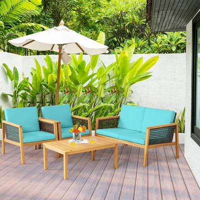 Tangkula 8PCS Patio Acacia Wood Furniture Set PE Rattan Conversation Set W/ Turquoise Cushions 3 Tangkula 8PCS Patio Acacia Wood Furniture Set PE Rattan Conversation Set W/ Turquoise Cushions