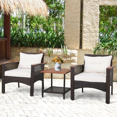 Tangkula 3PCS Patio Conversation Furniture Set PE Rattan Sofa Set W/Wood Top Table 4 Tangkula 3PCS Patio Conversation Furniture Set PE Rattan Sofa Set W/Wood Top Table - Image 2