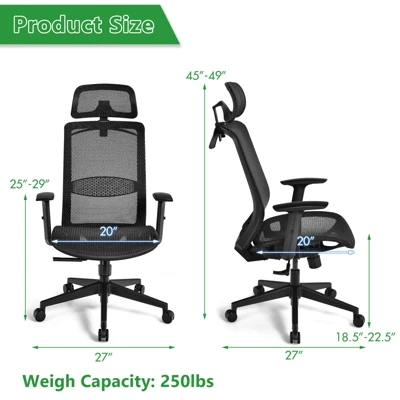 Tangkula High Back Mesh Office Chair Ergonomic Executive Chair Swivel Computer Task Chair W/ Headrest Black/ Gray 4 Tangkula High Back Mesh Office Chair Ergonomic Executive Chair Swivel Computer Task Chair W/ Headrest Black/ Gray - Image 2