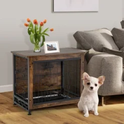 Tangkula Wooden Dog Crate Furniture With Tray Double Door Dog Kennels End Table