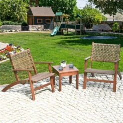 Tangkula 3 Pieces Outdoor Eucalyptus Wood Bistro Set Modern Hand-Woven PE Wicker Conversation Set
