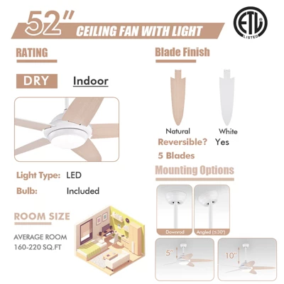 Tangkula 52" Ceiling Fan With Light And Remote Control Indoor Modern Ceiling Fan With Quiet Reversible ETL Motor Black/Silver/White 11 Tangkula 52" Ceiling Fan With Light And Remote Control Indoor Modern Ceiling Fan With Quiet Reversible ETL Motor Black/Silver/White - Image 9