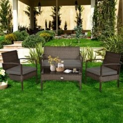 Tangkula 4 PCS Rattan Wicker Furniture Set Loveseat Sofa Cushioned Patio Outdoor Brown -Tangkula GUEST e55991a8 04f5 4d35 b91a c098f2aad8d1