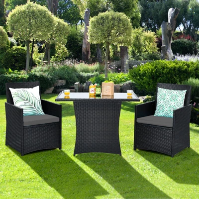 Tangkula 3PCS Patio Rattan Dining Set Space-Saving Furniture Set With Tempered Glass Top Table And Cushioned Chairs 12 Tangkula 3PCS Patio Rattan Dining Set Space-Saving Furniture Set With Tempered Glass Top Table And Cushioned Chairs - Image 10