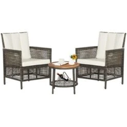 Tangkula 3PCS Patio Wicker Bistro Set Furniture Set PE Rattan Table Set W/ Off White Cushions -Tangkula GUEST e627ee82 ef10 4cc6 904e 164d887be3b6