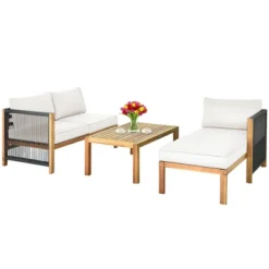Tangkula 3PCS Patio Acacia Wood Sofa Furniture Set Thick Cushion W/ Nylon Rope Armrest Gray/White -Tangkula GUEST e7ccf91d 1aaf 43f7 9fd8 dc8888cb561b