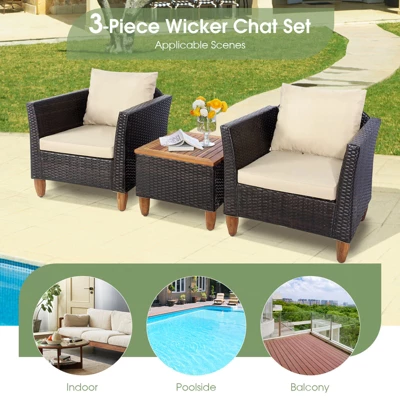 Tangkula 3 Pieces Outdoor Rattan Furniture Set Wicker Bistro Set Wooden Table Top With Cushions 8 Tangkula 3 Pieces Outdoor Rattan Furniture Set Wicker Bistro Set Wooden Table Top With Cushions - Image 6