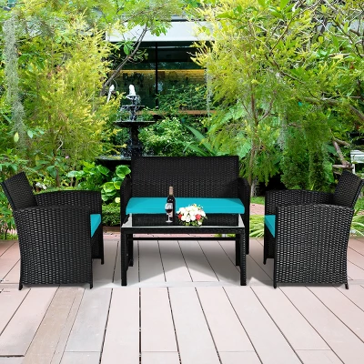 Tangkula 4 Piece Outdoor Patio Rattan Furniture Set Turquoise Cushioned Seat For Garden, Porch, Lawn 3 Tangkula 4 Piece Outdoor Patio Rattan Furniture Set Turquoise Cushioned Seat For Garden, Porch, Lawn